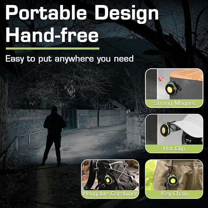WORKPRO Mini Keychain Work Light, COB Keychain Flashlight with Hat Clip, Rechargeable Magnetic EDC Carabiner Flashlight, 3 Light Modes Emergency Light for Camping, Biking and Car Repairing, Green