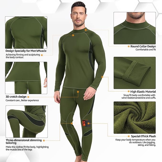 UNIQUEBELLA Men's Thermal Underwear Sets Top & Long Johns Fleece Sweat Quick Drying Thermo Base Layer