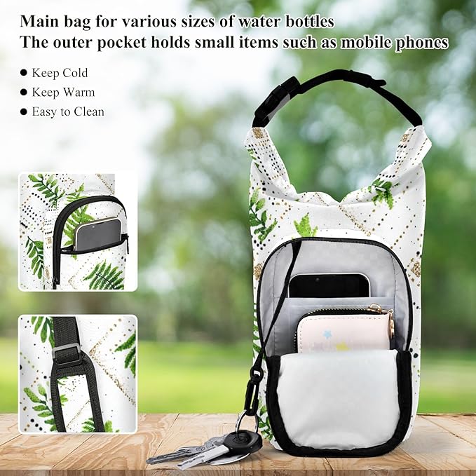 Green Boho Leaves Water Bottle Holder with Strap Insulated Water Bottle Carrier Crossbody Bags Pouch with Phone Pocket for Travel Gym Hiking Walking Running