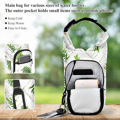 Green Boho Leaves Water Bottle Holder with Strap Insulated Water Bottle Carrier Crossbody Bags Pouch with Phone Pocket for Travel Gym Hiking Walking Running
