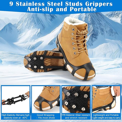 Ice Cleats for Shoes and Boots, Anti Slip Crampons with 9 Steel Gripper Spike, Portable Ice Snow Traction Cleats Grippers for Snow Ice