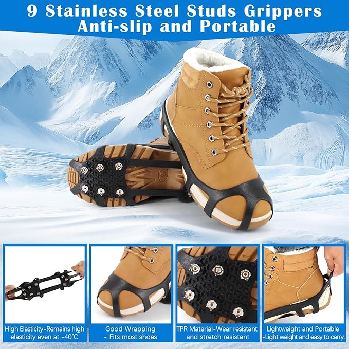 Ice Cleats for Shoes and Boots, Anti Slip Crampons with 9 Steel Gripper Spike, Portable Ice Snow Traction Cleats Grippers for Snow Ice