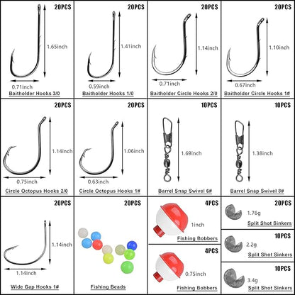 Fishing Hooks Bobbers Tackle Kit, 228pcs Freshwater Fishing Starter Kit Included Octopus Circle Hooks, Baitholder Hooks, Wide Gap Hooks, Bobbers, Sinker Weights for Bass Trout Panfish Catfish