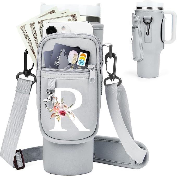 Initial Water Bottle Holder with Strap for Stanley 40 oz Tumbler/Simple Modern 40 oz Tumbler,Water Bottle Carrier Bag with Strap,Personalized A-Z Phone Pocket for Stanley Cup Accessories