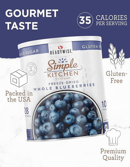 READYWISE - Simple Kitchen Freeze Dried Whole Blueberries, 28 Servings, Vegan, Gluten Free, Fruit Snacks, Emergency Supplies, Dehydrated Fruit, Blueberries