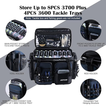 Goture Large Tackle Bag,1800D PVC Waterproof Saltwater Gear Storage Big Fishing Bag with EVA Bottom,Store Up to 8PCS 3700 Plus 4PCS 3600 Tackle Trays(Not Included),20.87”x11.42”x15.16”