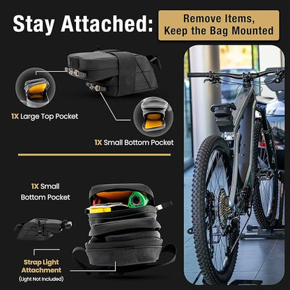 Lumiere & Co. Magnetic Quick-Release Bike Saddle Bag 7″ × 3″ × 3″ Double Compartment, Mach X, Black, Medium