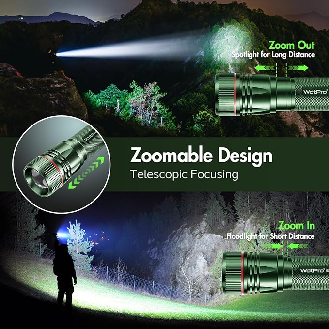 WdtPro Rechargeable Flashlights High Lumens, 2 Pack 10H Long Lasting Super Bright EDC Flashlight, LED Mini Tactical Flash Lights for Camping Emergency, Drop & Water Resistant Green(Battery Included)