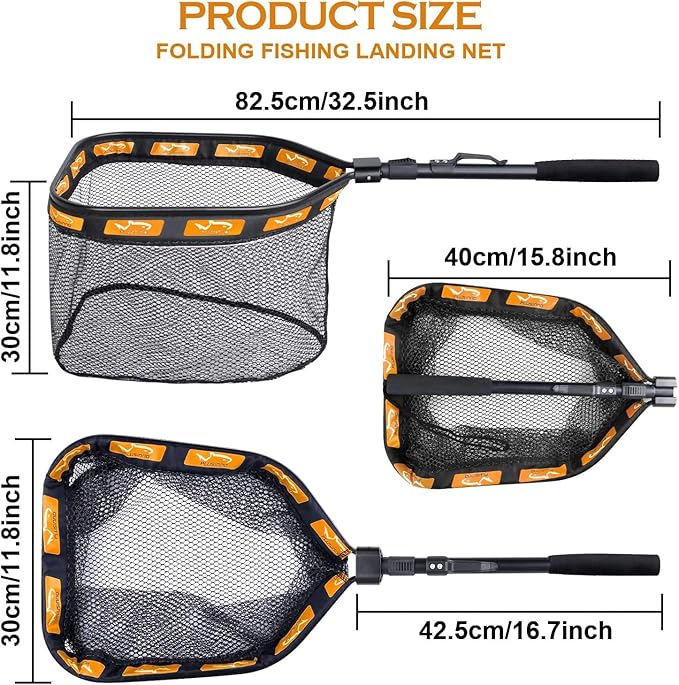 PLUSINNO Floating Fishing Net for Steelhead, Salmon, Fly, Kayak, Catfish, Bass, Trout Fishing, Rubber Coated Landing Net for Easy Catch & Release, Compact & Foldable for Easy Transportation & Storage