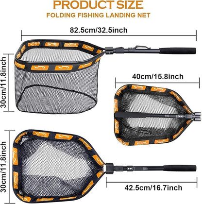 PLUSINNO Floating Fishing Net for Steelhead, Salmon, Fly, Kayak, Catfish, Bass, Trout Fishing, Rubber Coated Landing Net for Easy Catch & Release, Compact & Foldable for Easy Transportation & Storage