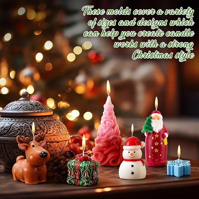 LemonRoad 8 Pcs 3D Christmas Candle Mold Set Silicone Soap Epoxy Resin Wax Mold 3D Christmas Tree, Santa, Elk, Snowman for Candle Resin Soap Craft Cake Chocolate Making Kit for Xmas Gift Party Decor