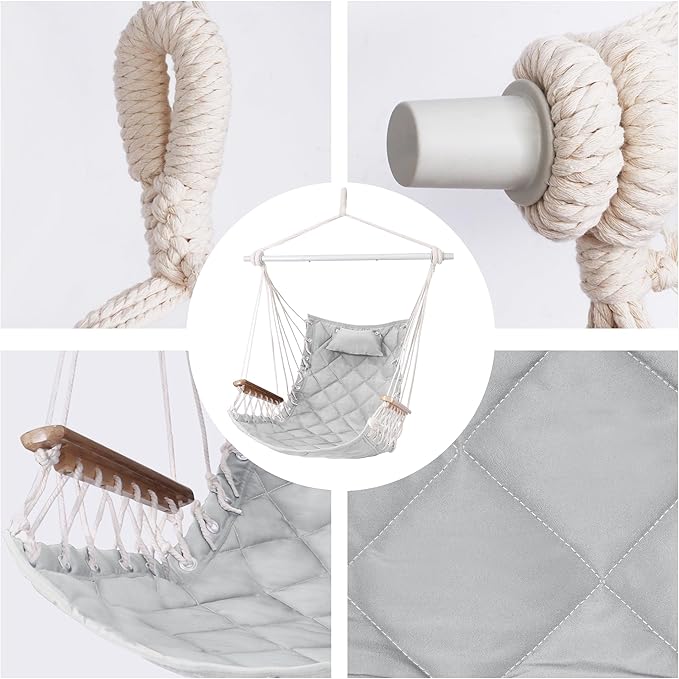 Hammock Chair Hanging Swing with Wooden Armrests;Steel Spreader Bar,Pillows,Hardware kit Included;Cotton Woven Fabric;Up to 350 Lbs,for Indoor Light Grey