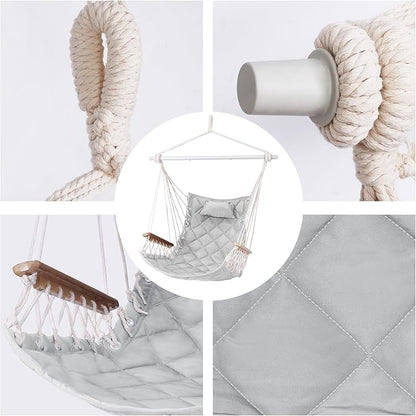 Hammock Chair Hanging Swing with Wooden Armrests;Steel Spreader Bar,Pillows,Hardware kit Included;Cotton Woven Fabric;Up to 350 Lbs,for Indoor Light Grey