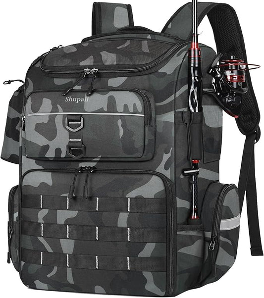 Fishing Backpack with Rod Holders, 45L Large Water-Resistant Tackle Box Backpack, Fishing Gear Gifts for Men -Camouflage