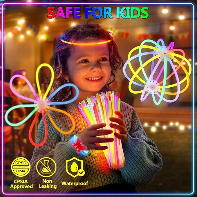 BUDI 467Pcs Glow Sticks Christmas Party Favors New Year Eve Party Supplies for Kids Adult Glow in the Dark 4th of July Accessories Neon Decors Glowsticks Bulk 8 Colors 8" with Connectors for Parties