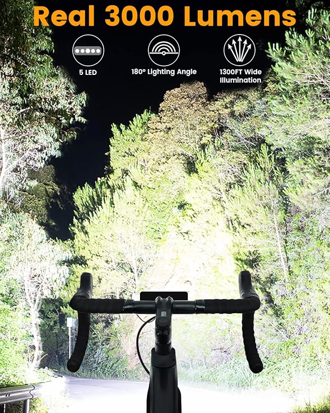 Super Bright Bike Light 3000 Lumen 5 LED Bicycle Light with Taillights Rechargeable Bike Headlight for Night Riding Waterproof Bike Light Front and Back Set for Mountain/Dirt/Light/Kids Bike