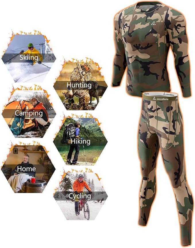 CL convallaria 2 Pack Mens Thermal Underwear Fleece Lined Long Johns Winter Base Layer Cold Weather Hunting Gear