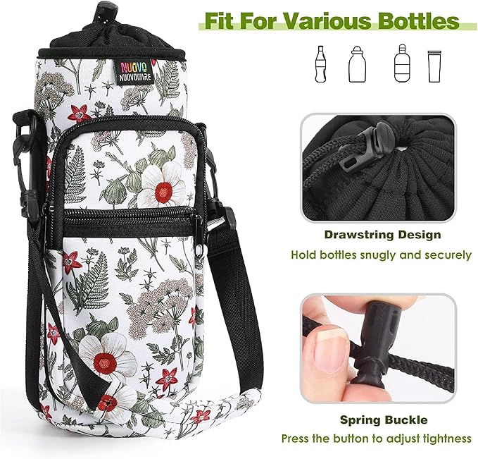 Nuovoware Water Bottle Carrier Bag,25oz/40oz/64oz Bottle Pouch Holder,Adjustable Shoulder Hand Strap 2 Pocket Sling Neoprene Sleeve Sports Accessories for Hiking Travelling Camping