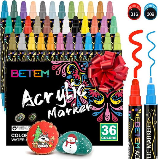Betem 36 Colors Dual Tip Acrylic Paint Pens Markers, Premium Acrylic Paint Markers Stocking Stuffers for Rock, Wood, Fabric, Glass, Canvas, Ceramic, Christmas Gifts for Teens DIY Crafts Art Supplies