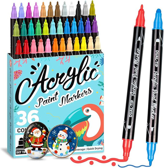 Dual Tip Acrylic Paint Pens 36 Colors Markers Set, New Acrylic Paint Markers, Art Supplies Set for Adults, Kids, Teen, Suitable for fabric, rock, wood, glass, ceramic and other DIY crafts