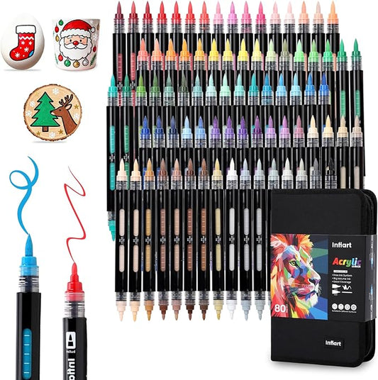 80 Colors Dual Tip Acrylic Paint Markers Automatic Ink Control Acrylic Paint Pens, Fine & Brush Tip Acrylic Markers Set for Christmas Decorations, Glass, Stone, Wood, DIY & Art Supplies
