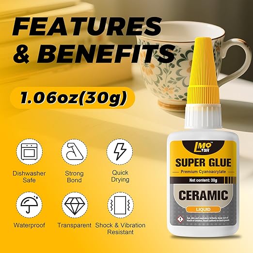 Ceramic Super Glue Liquid, Clear Instant Cyanoacrylate Adhesives for Ceramic Repair Food Safe, All Purpose CA Glue for Shoe Plastic Leather Glass Model Metal Wood Pottery Porcelain Mugs Clay Dishes