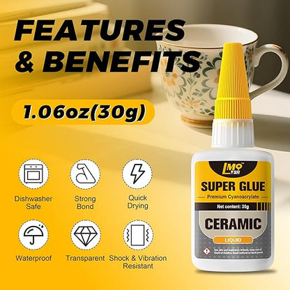 Ceramic Super Glue Liquid, Clear Instant Cyanoacrylate Adhesives for Ceramic Repair Food Safe, All Purpose CA Glue for Shoe Plastic Leather Glass Model Metal Wood Pottery Porcelain Mugs Clay Dishes