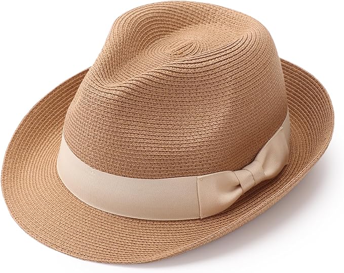 DRESHOW Women Straw Sun Hat Short Brim Panama Travel Fedora Beach Cap Roll up Summer Hat for Women Men UPF 50+