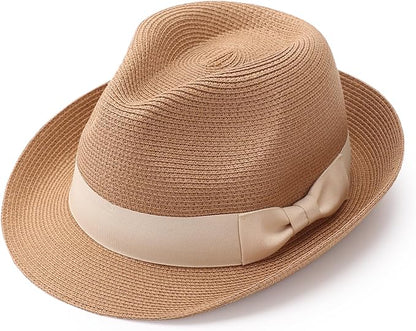 DRESHOW Women Straw Sun Hat Short Brim Panama Travel Fedora Beach Cap Roll up Summer Hat for Women Men UPF 50+