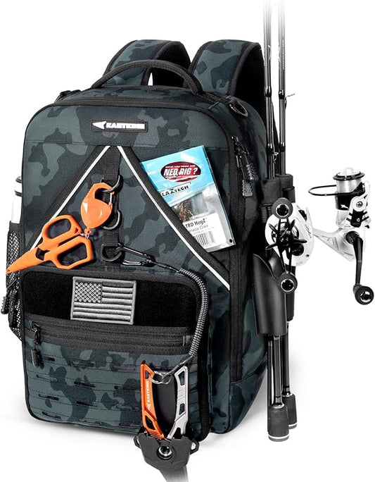 KastKing KarryAll KastMate Fishing Tackle Backpack,Water-Resistant Tackle Bag With 2 Rod Holders,Fishing Gear and Equipment With Large Gear Storage,Black Camo