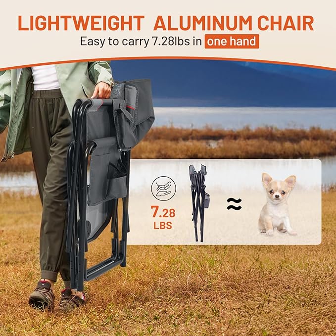 TIMBER RIDGE Heated Aluminum Oversized Camping Chair, Lightweight Portable Directors Chair with Side Table Detachable Side Pocket for Outdoor Camping, Lawn, Picnic, Support 400lbs Gray, 2 Pack