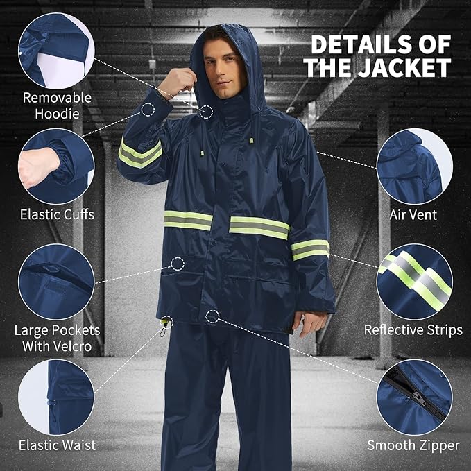 Rain Suits for Men Women Waterproof, Breathable Rain Coats with Eye-Catching Reflective Strip, Durable Rain Gear