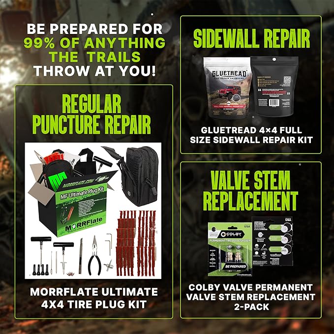 MORRFlate Xtreme 4×4 Tire Repair Kit Complete Off-Road Tire Repair Includes Tool Roll Bag, Tire Plug Kit, GlueTread Sidewall Tire Repair Kit, and Two Colby Valve Permanent Valve Stem Replacements