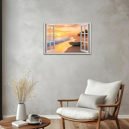 ANRUOXI Beach Wall Art, Window Frame Style Canvas Wall Decor Ocean, Sunset Sea & Tropical Palm Tree Coasts Boat Canvas, Seaside Scenery Nature Landscape Painting for Living Room Office Home 18x24 Inch