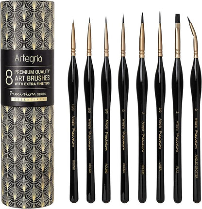 ARTEGRIA Detail Paint Brush Set, 8 Miniature Brushes with Extra Fine Tips and Ergonomic Handles, for Small Scale Models, Figurines, Paint by Numbers for Adults