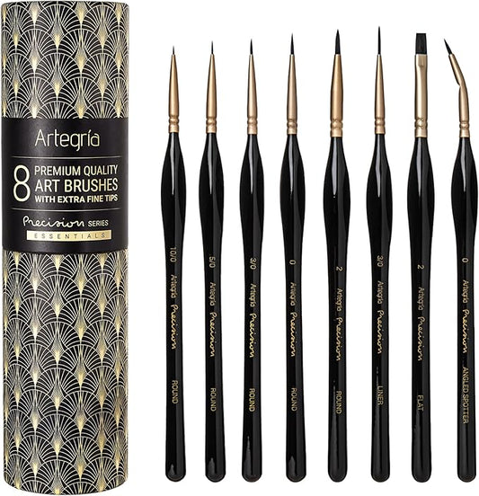 ARTEGRIA Detail Paint Brush Set, 8 Miniature Brushes with Extra Fine Tips and Ergonomic Handles, for Small Scale Models, Figurines, Paint by Numbers for Adults