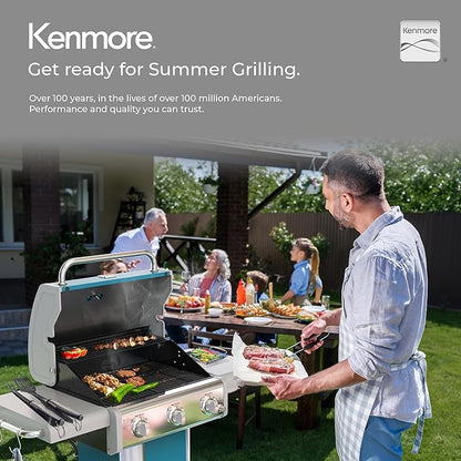 Kenmore 3-Burner Propane BBQ Grill, 30,000 BTUs Gas Grill with Cast Iron Cooking Grates, Folding Side Tables & Wheels, Outdoor Grill with Tool Hooks, Teal