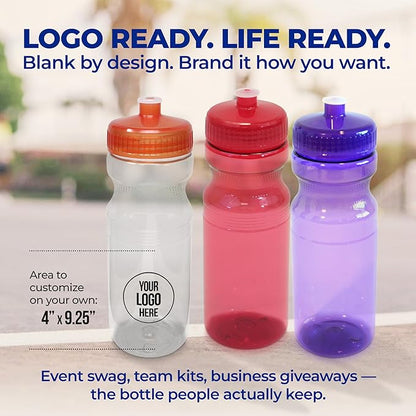 Rolling Sands USA Made 24 Ounce Sports Water Bottles - 30 Pack BPA-Free Blank Plastic Bottles for Teams, Gyms & Studios - Translucent Red Bottle/Red Lid