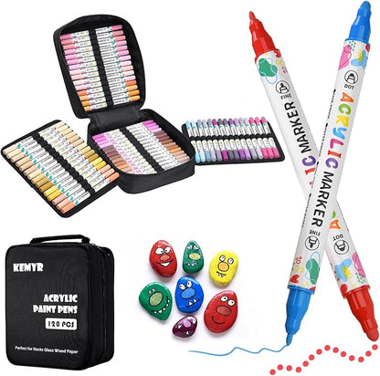 120 Colors Acrylic Paint Pens, Dual Tip Acrylic Paint Markers for Paper, Wood, Canvas, Stone, Rock Painting, Glass, Fabric, DIY, Ceramic, Art Supplies for Kids and Adults Drawing (Dot + Fine)