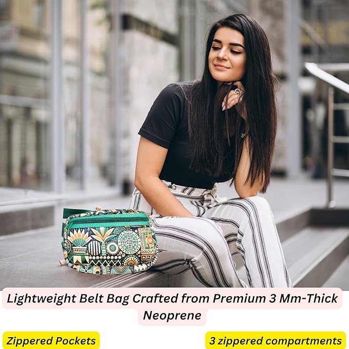 Yewande&co Neoprene Fanny Pack Belt Bag – Lightweight Waterproof Waist Bag with Adjustable Strap, 3 Zippered Pockets, Crossbody Belt Bag for Travel, African Design Crossbody Bags (Bush)