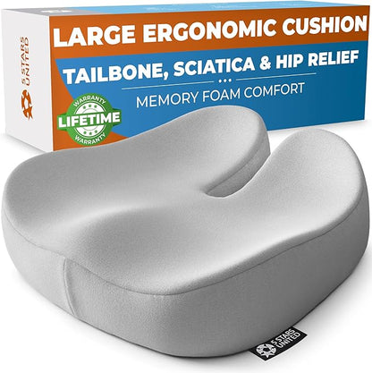 5 STARS UNITED Seat Cushion for Tailbone Pain Relief – Large Memory Foam Cushion for Coccyx, Hip, Sciatica & Post-Surgery Recovery – Wheelchair, Car, Desk, Gaming & Office Chairs, Light Gray