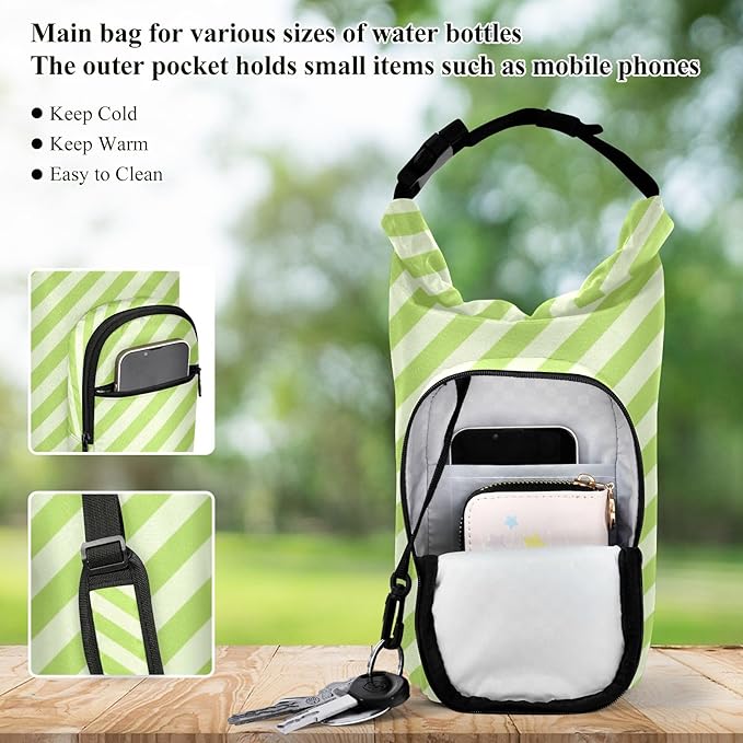 Green Stripes Water Bottle Holder with Strap Insulated Water Bottle Carrier Crossbody Bags Pouch with Phone Pocket for Travel Gym Hiking Walking Running