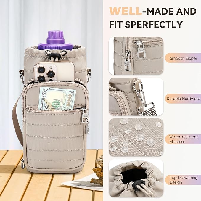 Water Bottle Carrier Bag with Strap, Sling Bag for Walking, Hiking, Cycling, Black, 40 Ounces