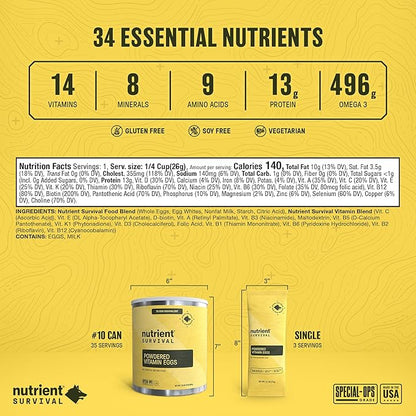 4 Cans, 70 Egg Equivalent per can - Nutrient Survival Vitamin Powdered Eggs Freeze Dried Prepper Supplies & Emergency Food Supply, 33 Essential Nutrients, Gluten Free, Shelf Stable Up to 25 Years