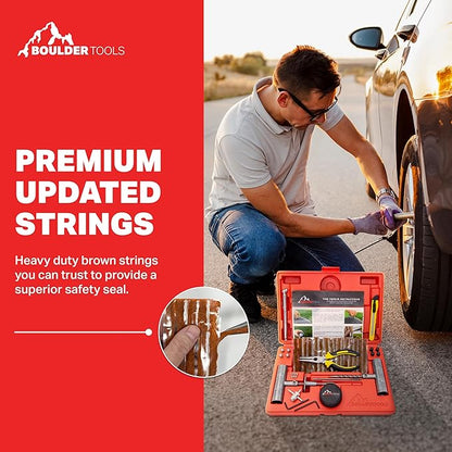 Tire Repair Kit by Boulder Tools - Heavy Duty Plug Kit for Cars, Trucks, Motorcycles, ATVs - Complete Flat Fix Automotive Tools Set with Storage Case, Valve Tool, Pliers, and Repair Plugs