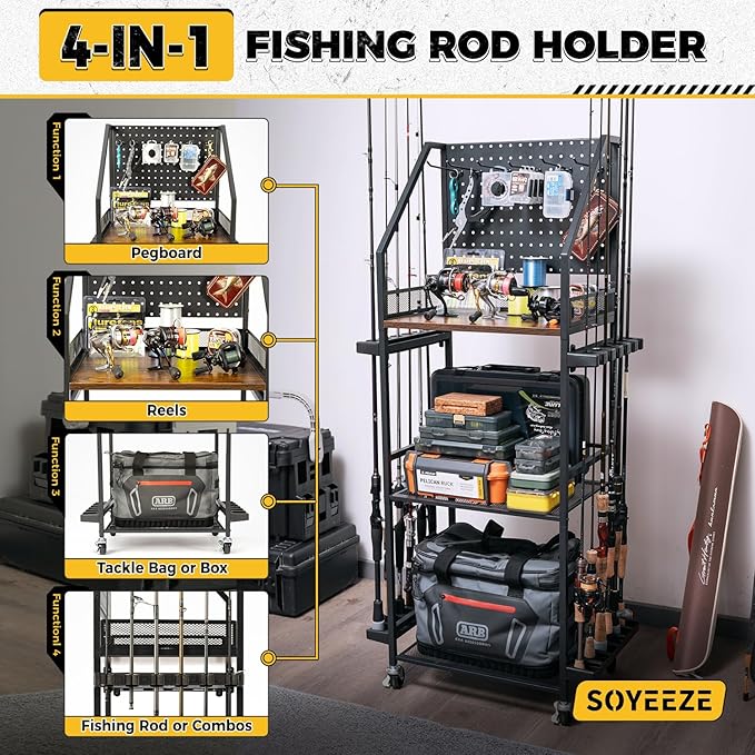 SOYEEZE Fishing Rod Holders for Garage, Fishing Pole Holders Up to 12 Rods with Pegboard and Hooks,Rolling Fishing Cart with Wheels, Fishing Gear Storage For Tackle Box & Reel Organization