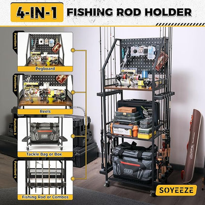 SOYEEZE Fishing Rod Holders for Garage, Fishing Pole Holders Up to 12 Rods with Pegboard and Hooks,Rolling Fishing Cart with Wheels, Fishing Gear Storage For Tackle Box & Reel Organization