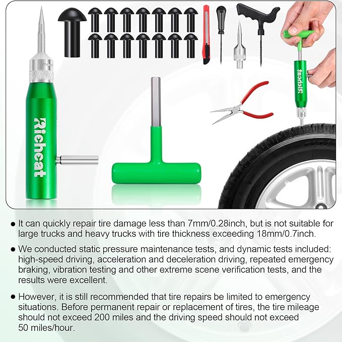 Richcat Tubeless Tire Puncture Repair Kit with Mushroom Plug, Repairs punctures and Flat Tires for Motorcycles, Cars, Trucks, ATVs and Tractors