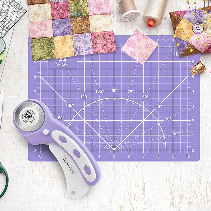 Headley Tools 39 Pcs Rotary Cutter Set - Quilting Kit incl. 45mm Fabric Cutter with 5 Extra Blades, A4 Cutting Mat, 2 Craft Knife Set, Sewing Clips, Ideal for Crafting, Sewing, Patchworking Purple
