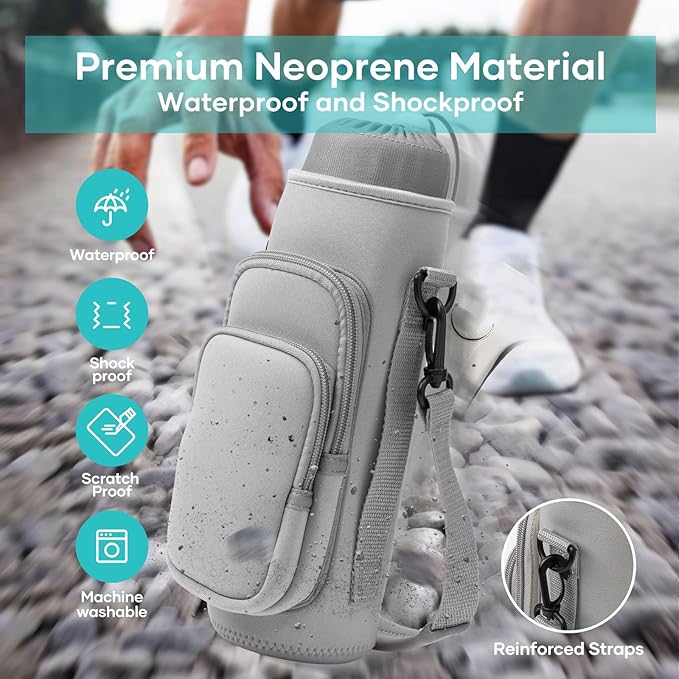 linmaya Water Bottle Carrier Bag, Insulated Water Bottle Bag Fits Stanley IceFlow Owala 16/24/32/40oz Tumbler, Water Bottle Holder with Shoulder Hand Straps, 2 Pockets for Travel, Hiking, Camping